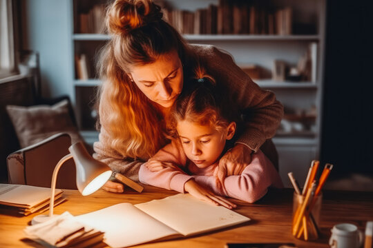 Kind mother embracing and comforting small crying daughter. Mother helping daughter with homework. Generative AI
