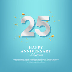 25th anniversary vector template with a white number and confetti spread on a gradient background