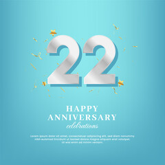 22nd anniversary vector template with a white number and confetti spread on a gradient background