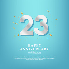 23th anniversary vector template with a white number and confetti spread on a gradient background