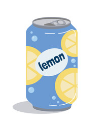 Fototapeta premium Soda aluminum can lemon. Refreshing drink, symbol of hot weather and summer season. Advertising and marketing. Poster or banner for website. Cartoon flat vector illustration