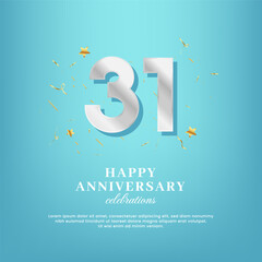 31st anniversary vector template with a white number and confetti spread on a gradient background