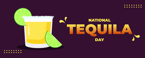 National Tequila Day on 24 July Banner Background. A Glass of Tequila with Lime and Salt on Top. Horizontal Banner Template Design. Vector Illustration
