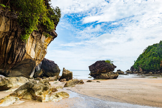 Bako national park, sea sandy beach, in Kuching, Sarawak, Malaysia. Bako national park is a famous touristic destination in Borneo, East Malaysia