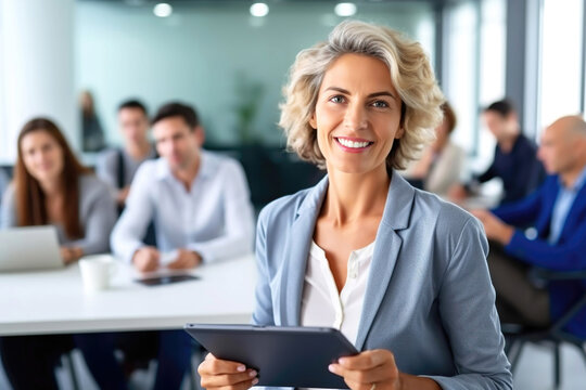 Business woman holding a tablet, middle-aged woman in meeting room, female leader, career woman, conference, generative ai