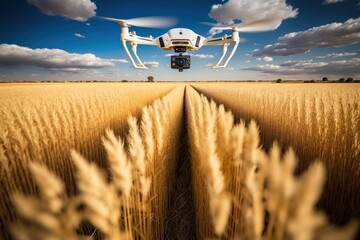 A drone flies over a crop, wide field, robotization of agriculture. Ai generated.