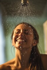 young beautiful laughing woman taking a shower. Generative AI