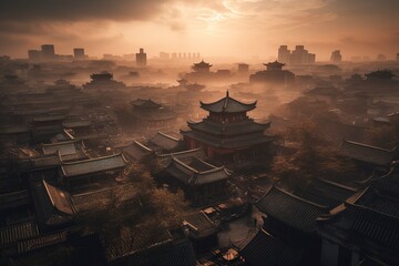 Aerial view, at misty dawn, of the ancient roofs of a Chinese city. Ai generated.