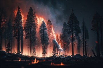 Drought and climate change cause uncontrollable super forest fires. Ai generated.