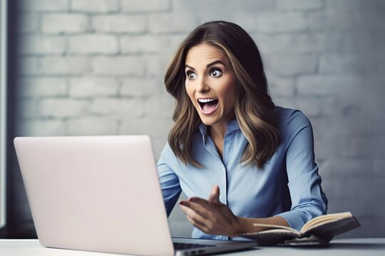 The woman's face lights up with delightful surprise as she reads an unexpected email.. Ai generated.