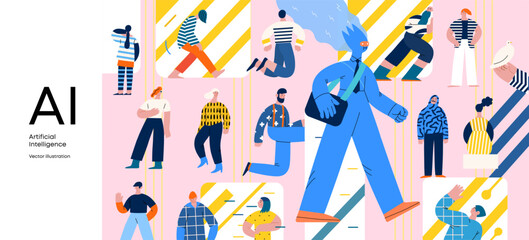 Artificial intelligence, AI and humanity -modern flat vector concept illustration of AI character walking among people in everyday life. Metaphor of AI advantage, benefit, friendliness concept - obrazy, fototapety, plakaty