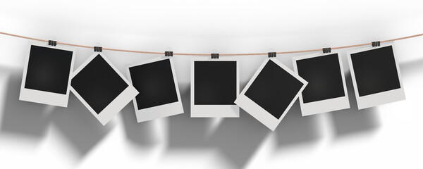 Photo frames are hanging on a rope fixed with office clothespins. Garland layout in square photo frames, glued together with multi-colored tape. Realistic blank templates on a transparent background. - obrazy, fototapety, plakaty
