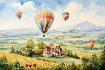 A painting of hot air balloons flying over a farm. Generative AI.