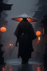 Sumrai walking in the dark streets of Japan