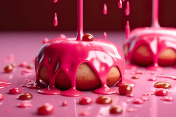 Two donuts covered in pink icing and sprinkled with candy. Generative AI.