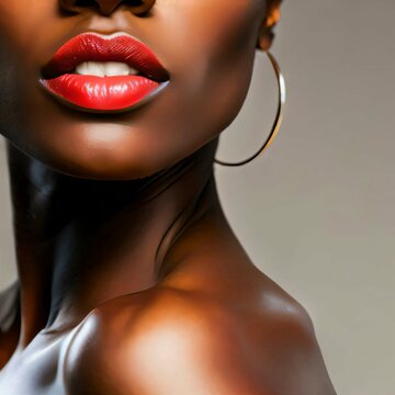 Closeup portrait of a young black woman with revealing shoulders, highlighting makeup and perfect skin. Generative AI