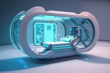 photorealistic advanced spaceship, futuristic medical operating room, medical pod sits in the middle of the room, medical pod is made from blue transparent gel, bed is transparent blue, medical pod is - obrazy, fototapety, plakaty