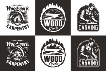 Fototapeta premium Set of bearded carpenter and saw for logo of carpentry or wood carving. Woodworker with jointer in his hands for design of workshop or woodworking
