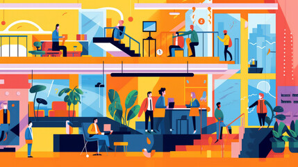 Flat design illustration of a busy modern office