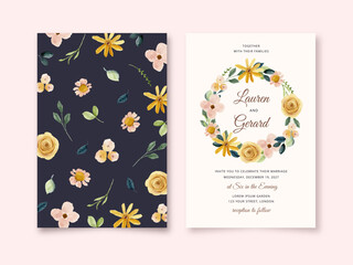 wedding invitation with yellow pink watercolor floral