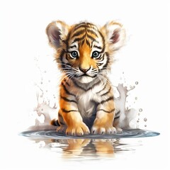 Cute tiger baby, cartoon watercolor drawing 3D