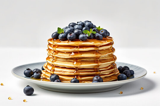 A stack of pancakes with blueberries on a plate. Generative AI.