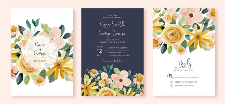 wedding invitation set with yellow pink floral watercolor frame