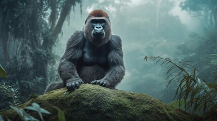Naklejka premium Gorilla sitting on a rock in a jungle with mist rising in the background. Generative AI