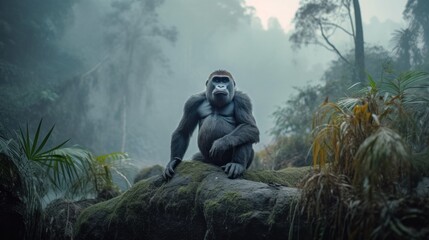 Fototapeta premium Gorilla sitting on a rock in a jungle with mist rising in the background. Generative AI