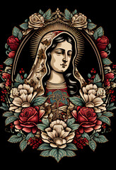 Fototapeta na wymiar Mexican style Mother of God among the flowers, generative AI