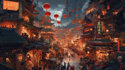 A chinese city with a red floating lanterns Generative AI