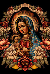 Fototapeta na wymiar Mother of God with baby Jesus in Mexican style among flowers, generative AI