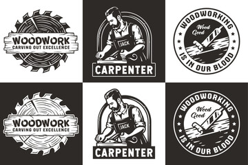 Set of bearded carpenter and chisel for logo of carpentry or wood carving. Woodworker with jointer in his hands for design of workshop or woodworking