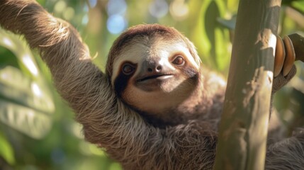 Wild sloth hanging on tree with funny face and relaxed look. Generative AI.