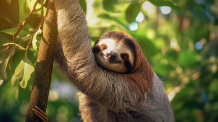 Wild sloth hanging on tree with funny face and relaxed look. Generative AI.
