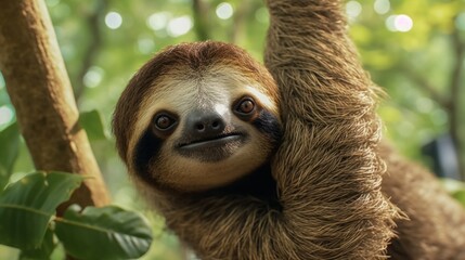 Fototapeta premium Wild sloth hanging on tree with funny face and relaxed look. Generative AI.