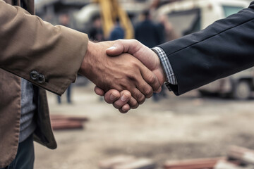 Close up of two men shaking hands in front of a construction site. Two business men decide a deal.
