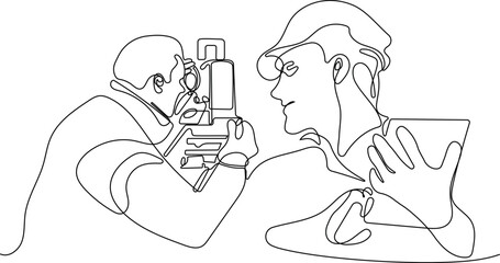 Close up of Caucasian worker with helmet on head using tablet for work while standing in warehouse. Surveyor with a tripod icon. Geodesic tripod. Vector illustration