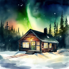Watercolor Arctic Cabin against Northern Lights 