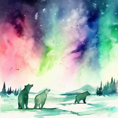 Bears in the Snowy Arctic with Aurora Borealis