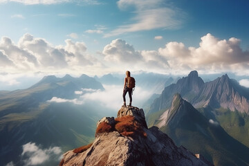 person standing on top of mountain while looking out at sunrise, in the style of realistic landscapes with soft edges, yellow and orange, feminine empowerment, photo-realistic landscapes