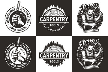 Fototapeta premium Set of bearded carpenter and saw for logo of carpentry or wood carving. Woodworker with chisel in his hands for design of workshop or woodworking