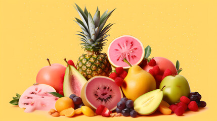 Naklejka na ściany i meble Many different fresh fruits on light pink background