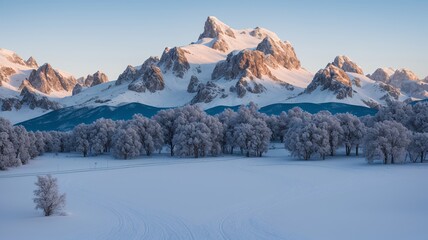 A Depiction Of A Beautifully Elegant Mountain Landscape With Snow Covered Trees AI Generative - obrazy, fototapety, plakaty
