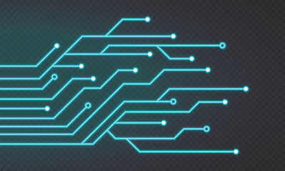 Glowing blue neon circuit board lines. Abstract technology neon circuit board. Digital circuit board elements. Modern tech design. Vector illustration