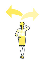 選択を迫られ悩む女性。全身後ろ姿のイラスト素材。