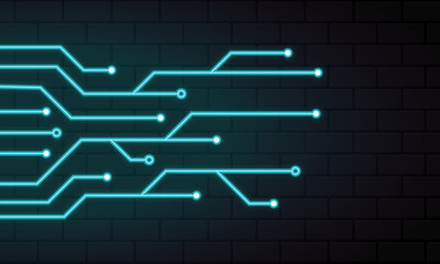 Glowing blue neon circuit board lines. Abstract technology neon circuit board. Digital circuit board elements. Modern tech design. Vector illustration
