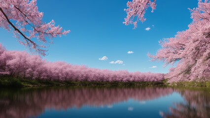 Naklejka na ściany i meble A Picture Of A Visually Stunning View Of A Lake With Pink Trees AI Generative