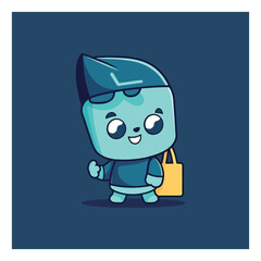 Character cartoon mascot logo for online trading company with the mascot in the form of a character holding a shopping bag or laptop.