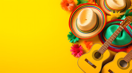Mexican Cinco de Mayo holiday background with mexican cactus,guitars, sombrero hat, maracas, Bright yellow flat lay with traditional Cinco de Mayo decor and party accessories